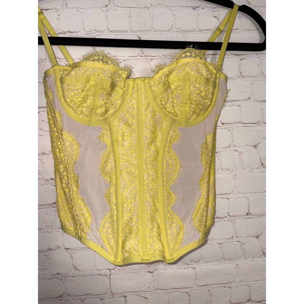 Out From Under Modern Love Corset Lemon Yellow Lace Mesh Bustier Top Medium - Picture 4 of 7